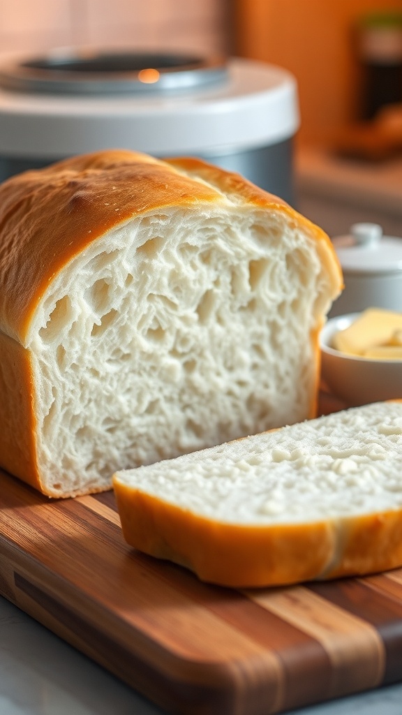 Freshly baked white bread loaf sliced on a cutting board with butter.